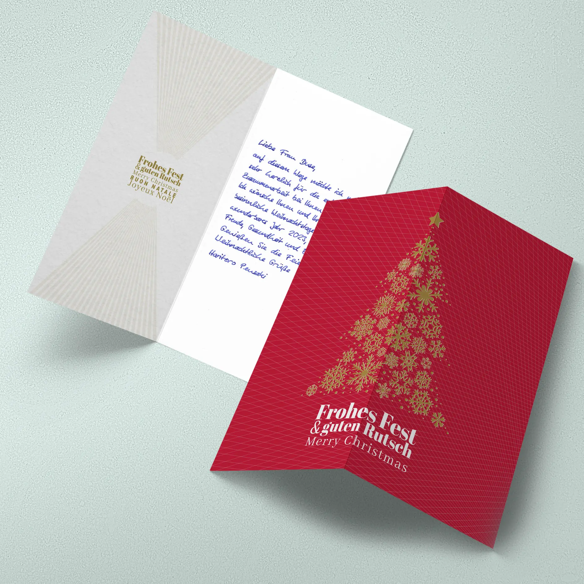 Handgeschriebene Weihnachtskarten goldner Baum | PENSAKI
